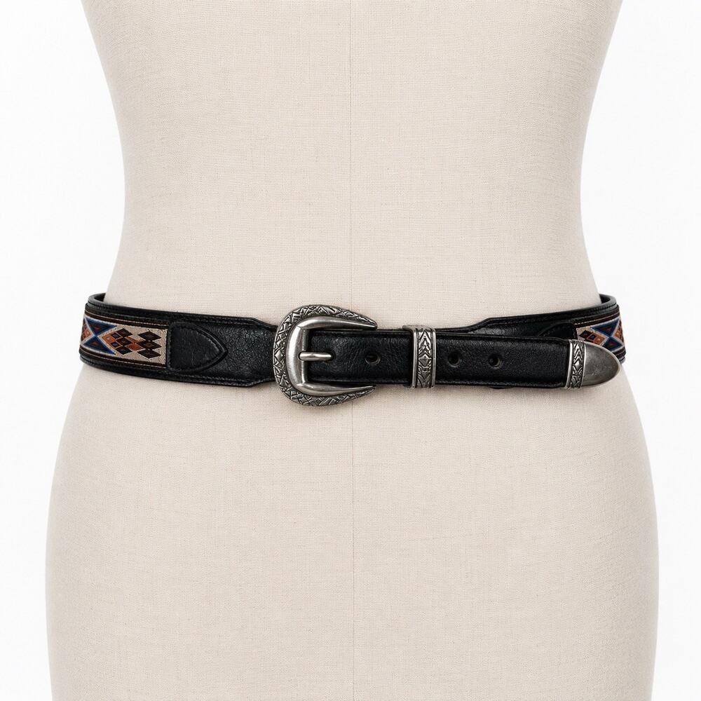 Brighton Onyx Western Belt Southwestern Woven Pattern Black Leather Silver Sz 32